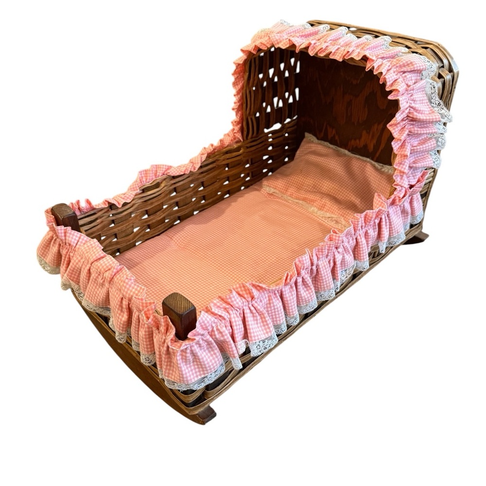 Wicker Doll Bassinet with Pink Gingham Ruffled Liner Amish made